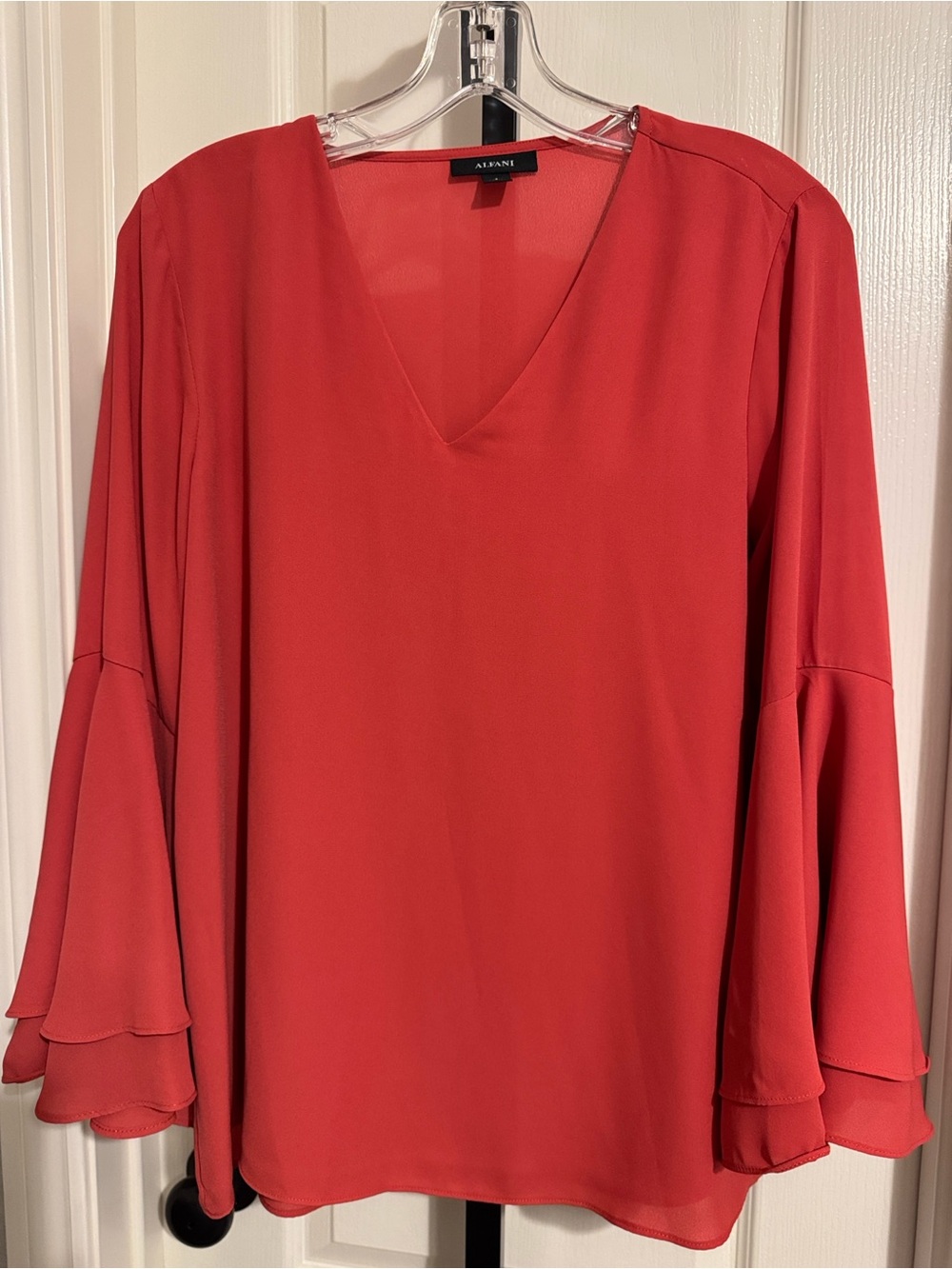 Alfani Coral Red V-Neck Layered Bell Sleeve Top 0115